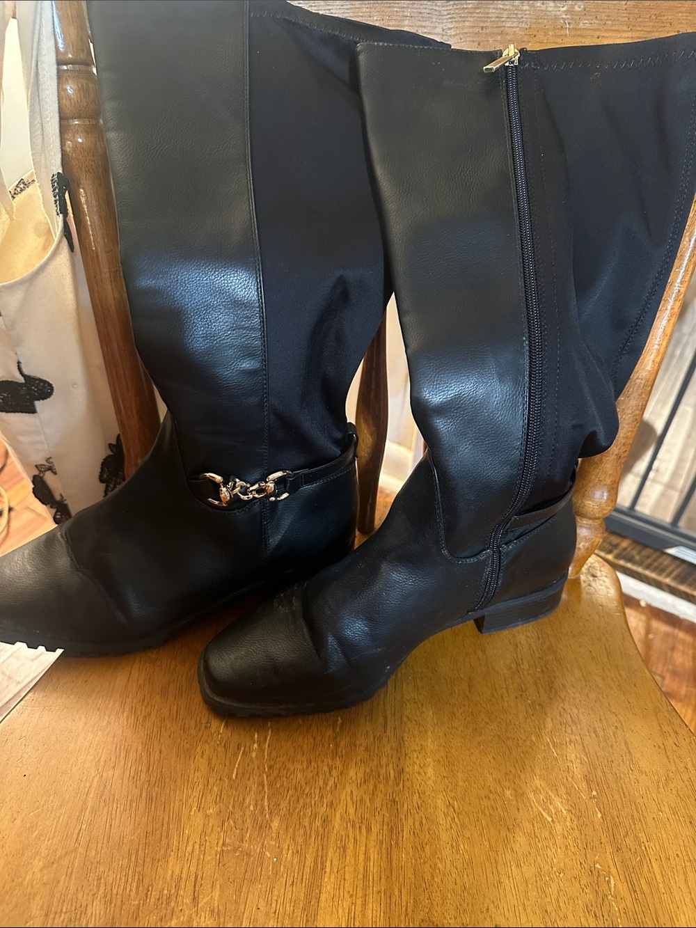Black Women's Mid-Calf Riding Boots with Gold Accent